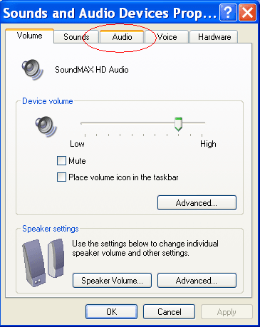 علامة التبويب الصوت على نظام التشغيل ويندوز XP